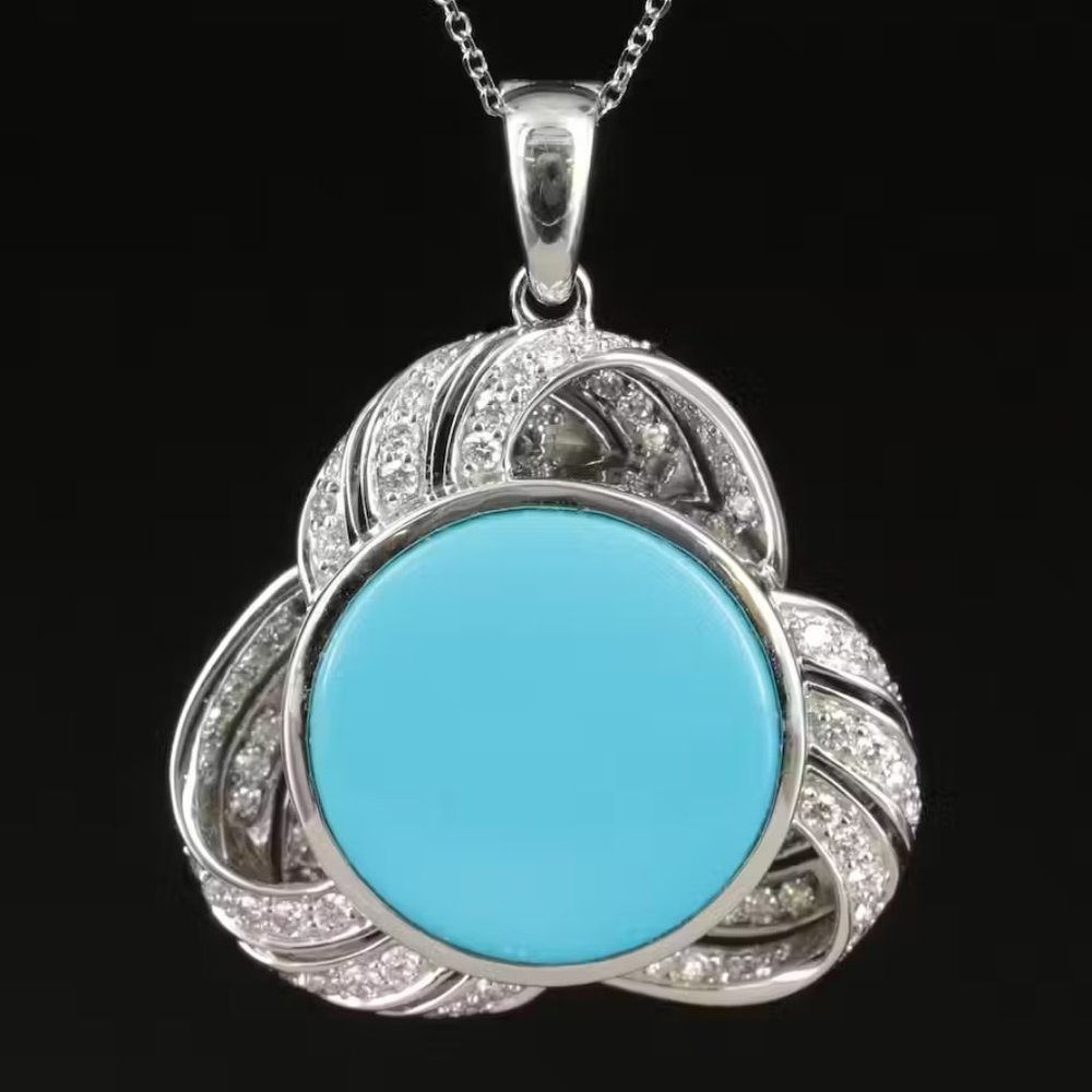 18K Gold / Chromia KHR Turquoise & 1.1 CWT Diamond 3D flower Necklace / 22.8 gm